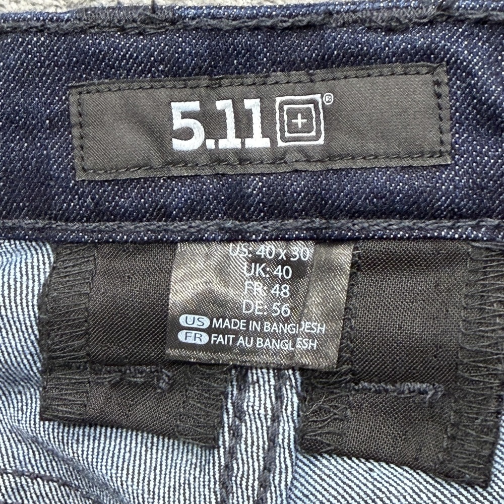 5.11 Jeans Mens 40x30 Blue Slim Tapered Dark Wash Denim Zip Pockets Logo Tab - Picture 5 of 7
